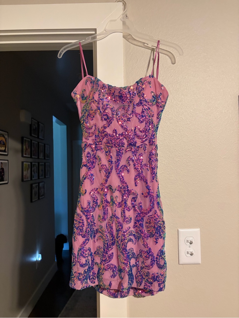 Pink Sequin Embellished Spaghetti Strap Dress size 3/4